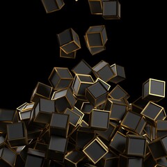 Falling golden black cubes. Abstract design background