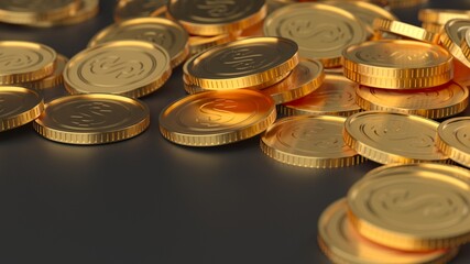 Heap of golden dollar currency coins. Business concept