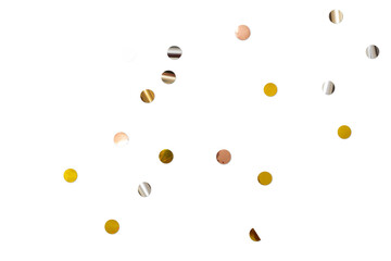 Golden silver metallic shiny tinsel or confetti flat lay, top view on transparend background png for decorations