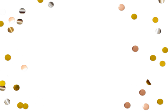 Golden silver metallic shiny tinsel or confetti flat lay, top view on transparend background png for decorations