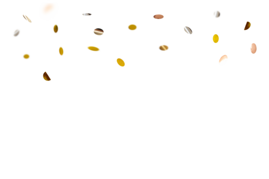 Golden silver flying metallic shiny tinsel or confetti on transparend background png for decorations