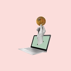Modern art collage of a hand holding a bitcoin coin and laptop. Crypto currency, digital money,...