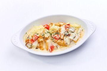 chicken with mashed potato on white
