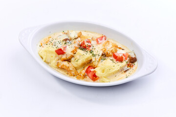 chicken with mashed potato on white