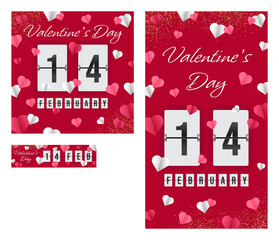 Valentine's Day - 30 days left (vector analog countdown timer). Social media ads set.