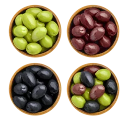 Fototapeten Set of wooden bowls with green, red and black olives, top view, cut out © Yeti Studio