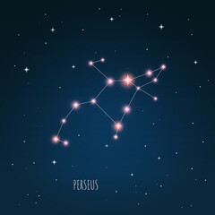 Obraz na płótnie Canvas Constellation Perseus scheme in starry sky. Open space. Vector illustration, constellation through a telescope