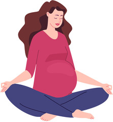 Pregnant woman meditates while sitting in lotus position. Relaxing yoga during pregnancy. Psychotherapeutic breathing gymnastics. Raster PNG Illustration.
