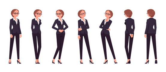 Attractive businesswoman set, different standing poses. Office girl, female manager workwear chic jacket pants outfit for work occasion. Vector flat style cartoon character isolated, white background