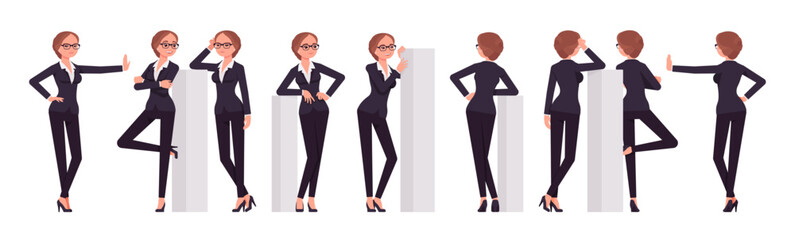 Attractive businesswoman set, different leaning poses. Office girl, female manager workwear chic jacket pants outfit for work occasion. Vector flat style cartoon character isolated, white background