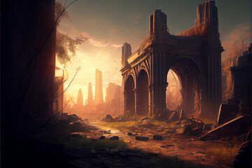 View of ruins of large city post-apocalyptic.