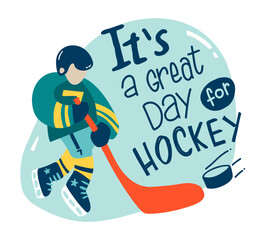 Flat Hockey Emblem with a goalie. Ice Hockey Label with motto and goalkeeper. Simple, doodle, cartoon, hand drawn