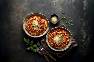 Delicious pasta, food photography, table top setup. Generative Ai