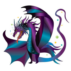 Illustration of a fierce dragon in shades of gradient purples and blues.  One image is isolated on a white background and another on a black background.