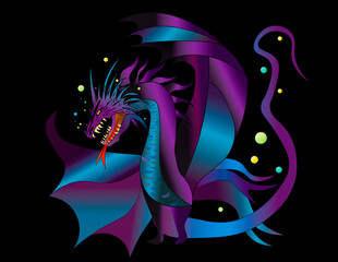Illustration of a fierce dragon in shades of gradient purples and blues.  One image is isolated on a white background and another on a black background.