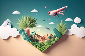 Paper plane flying in the sky with heart shape and plants, paper art style, flat-style vector illustration