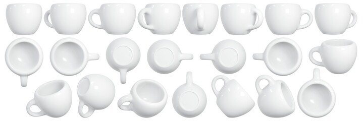 White empty ceramic cup in different positions. Mug template isolated on transparent background. 3D rendered mockup.