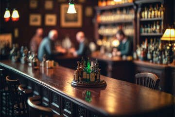 View of the interior of an Irish bar, blurred, with some people in the background, fictional, gernerative ai. - obrazy, fototapety, plakaty