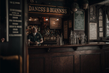 View of the interior of an Irish bar, blurred, with some people in the background, fictional, gernerative ai.