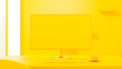 Computer Mock-Up yellow color on work desk and cup coffee in yellow room. Designed in minimal concept. Can be used in education or business background. 3d render.
