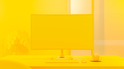 Computer Mock-Up yellow color on work desk and cup coffee in yellow room. Designed in minimal concept. Can be used in education or business background. 3d render.