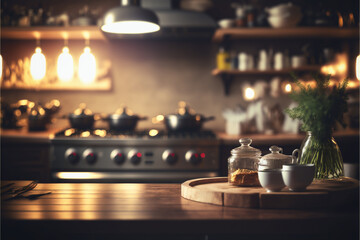 Naklejka na ściany i meble kitchen background at home, with full detail of utensils, generative ai.
