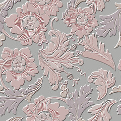 3d embossed flowers seamless pattern. Textured beautiful pink flowers relief background. Repeat emboss backdrop. 3d surface ornaments with embossing effect.  Vintage Baroque style 3d flowers, leaves