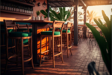 Beautiful restaurant's  terrace, bar table, and chairs outdoor, generative ai
