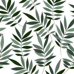 Naklejka na ściany i meble Leaves Pattern. Watercolor Tropic Palm Leaves Seamless Vector Background, Textured Jungle Print