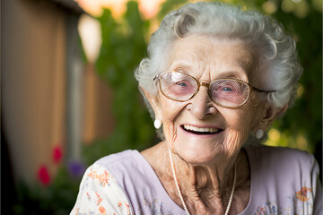 Fictional Person, smiling elderly woman wearing eyeglasses sitting outside in her backyard outdoors
