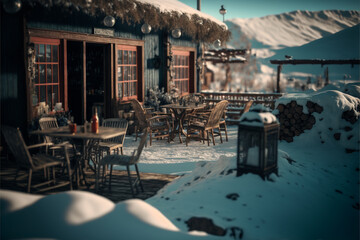 Fototapeta premium Beautiful restaurant's terrace in the snow mountaiuns, bar table, and chairs outdoor, generative ai