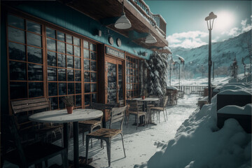 Beautiful restaurant's  terrace in the snow mountaiuns, bar table, and chairs outdoor, generative ai