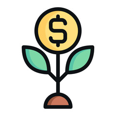 Isolated investment in outline color icon on white background. Profit, earning, growth, plant, business and finance