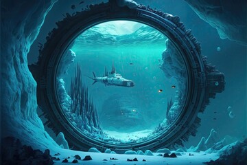 Illustration of an alien submarine looked by a porthole generative ai
