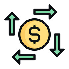 Isolated dollar coin with arrows in outline color icon on white background. Cash flow, cash out, funding, transaction, conversion, earnings