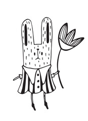 Bunny girl holding a big flower. Doodle. Cute easter bunny isolated on white background. Traditional element. Happy easter. Vector illustration.