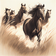 Horses running in tall grass