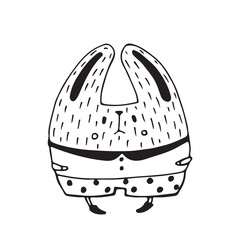 Little funny rabbit. Doodle. Cute easter bunny isolated on white background. Traditional element. Happy easter. Vector illustration.