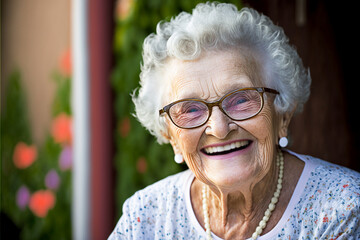 Fictional Person, smiling old senior woman wearing eyeglasses sitting outside her backyard outdoors 