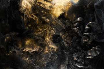 Golden sparkling abstract background, luxury black smoke, acrylic paint underwater explosion, cosmic swirling ink © amixstudio