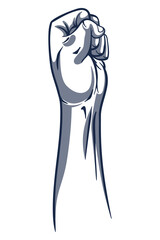 Rised fist hand gesture monochrome drawn emblem. Vector hand clenched into fist and rising up, symbol isolated on white background. Power sign. Human hand up in the air