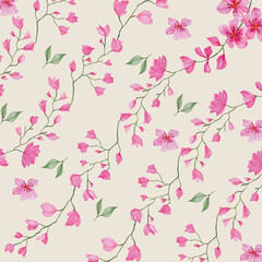 Fototapeta na wymiar pink vector small stock flowers with brown leaves pattern on cream background.watercolor vector illustration