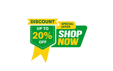 20 Percent SHOP NOW offer, clearance, promotion banner layout with sticker style. 
