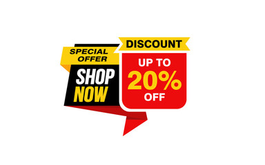 20 Percent SHOP NOW offer, clearance, promotion banner layout with sticker style. 
