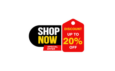 20 Percent SHOP NOW offer, clearance, promotion banner layout with sticker style. 

