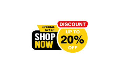 20 Percent SHOP NOW offer, clearance, promotion banner layout with sticker style. 
