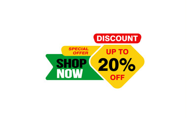 20 Percent SHOP NOW offer, clearance, promotion banner layout with sticker style. 

