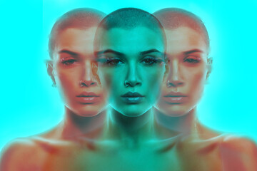 Modern beauty portrait. Young woman with shaved head. Futuristic cyberpunk concept of a female...