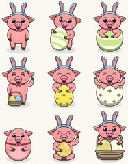 Pig Happy Easter. Cute Pig on the Easter theme in cartoon. Vector illustration. Isolated on white background. Easter holiday vector set.