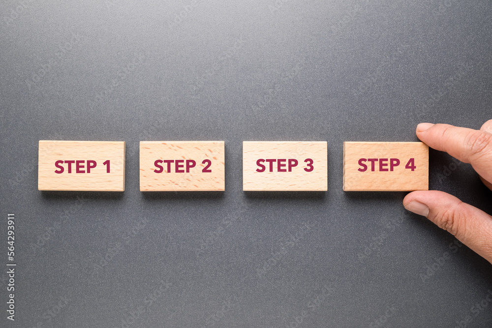 Poster Closeup hand arrange the wood blocks of Step 1 to Step 4 on gray background, step process, step by step method